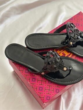 Tory Burch Miller Sandals Black Patent Leather Gold Logo w/ Box